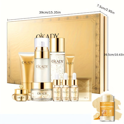 Skincare Set with OKADY Label, 10 Gold-Themed Pieces with Mud Mask Stick and Day Night Product Forms