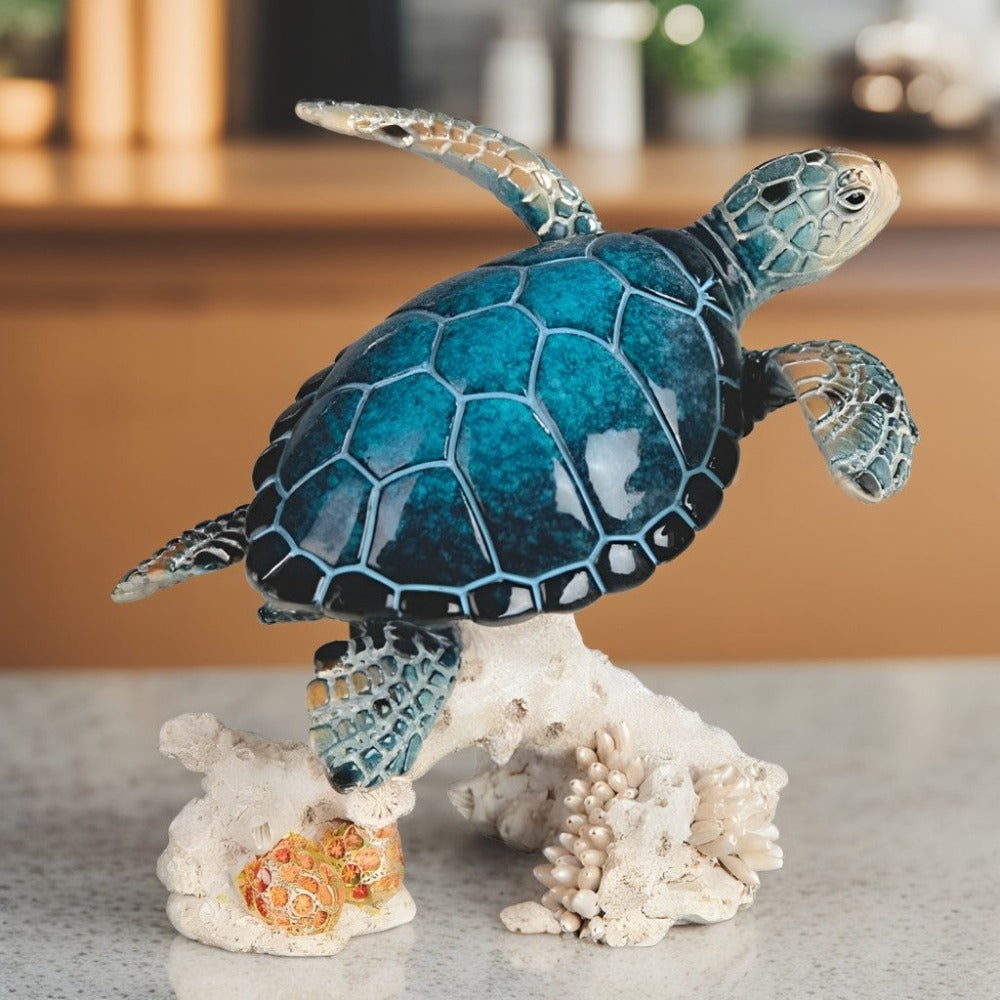 Sea Turtle Figurine with Upward-Swimming Polyresin Form, Coral-Style Base and 4.75 x 3.5 x 3.5-Inch Size
