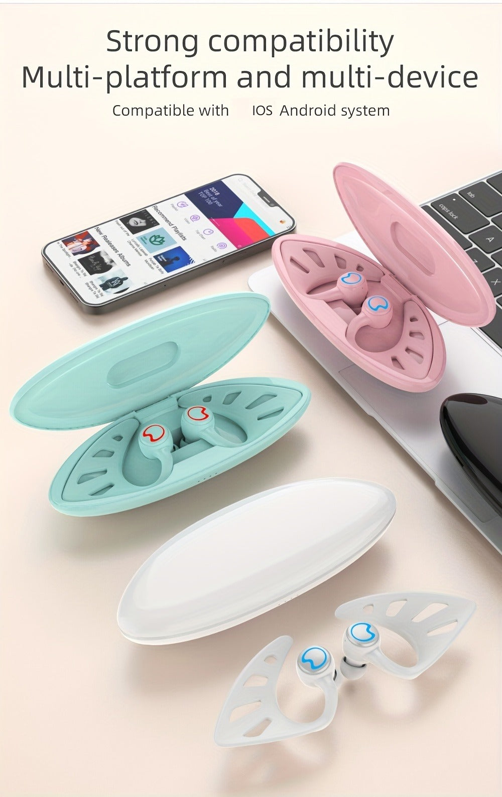 Wing-Style Ear-Hook TWS Wireless Earbuds with Oval Charging Case in Black, Green or White Options