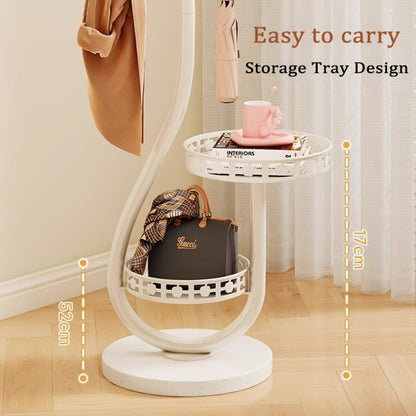 Freestanding Coat Tree with Branching Hooks, Circular Lower Shelf and White, Black or Golden Finish