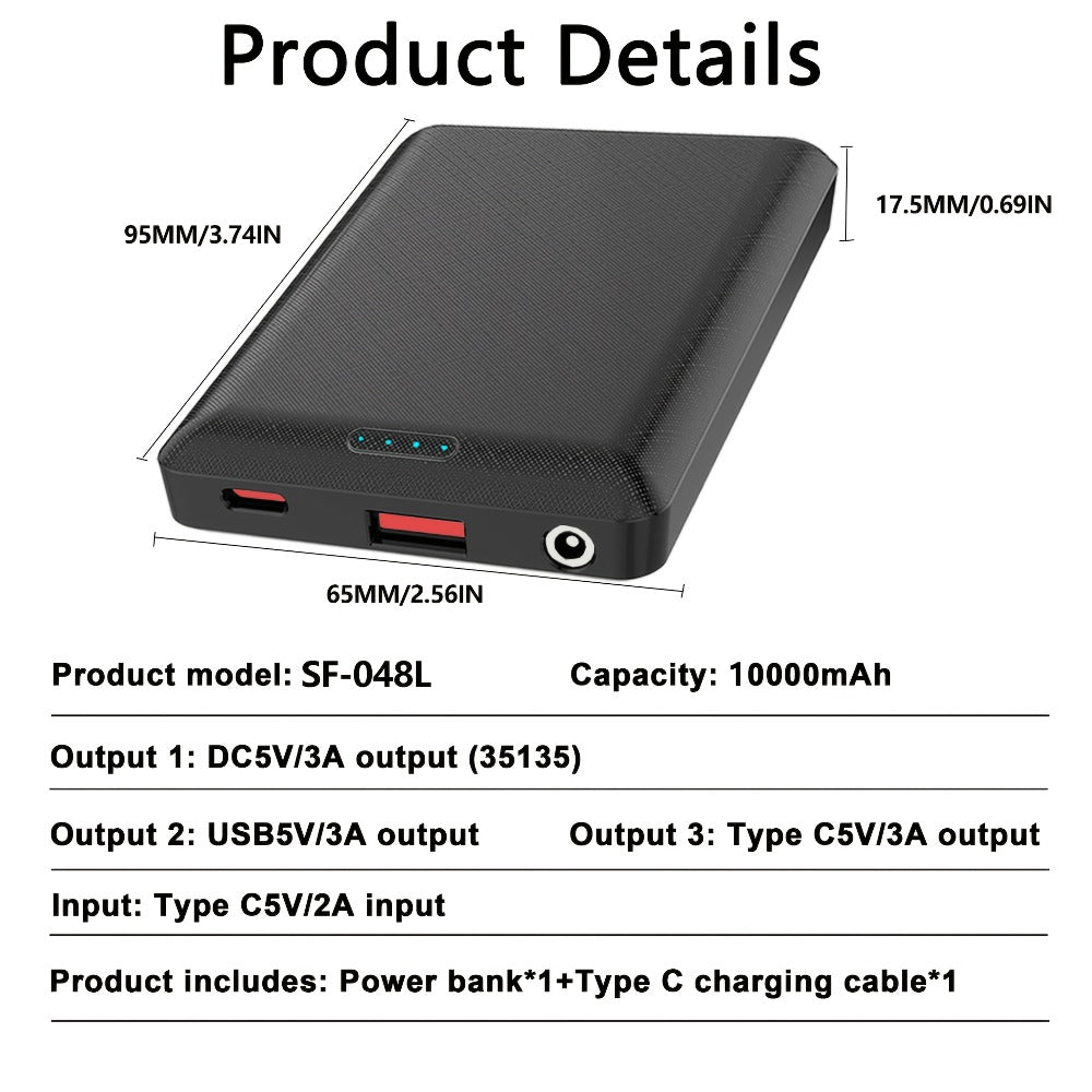 Power Bank 10000mAh 5V/3A for Heated Clothing with USB-C Input and Single or Two-Pack Options