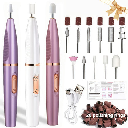Portable 20000 RPM Electric Nail Drill Kit with 11 Interchangeable Bits, USB Charging and Two Color Options