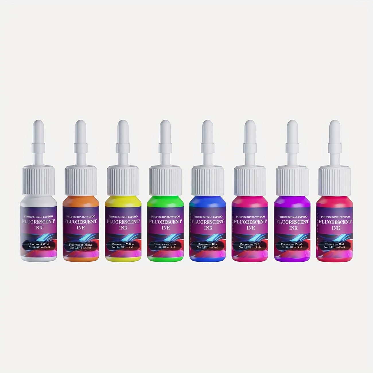 Tattoo Ink DMTATTOO UV Blacklight Set with Eight 5ml Bottles in White, Red, Orange, Green, Yellow, Purple, Blue and Pink