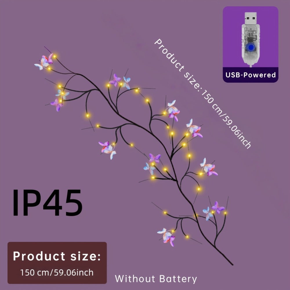 Butterfly Branch String Lights – 30 LED Vine Fairy Lights with Artificial Purple-Blue Butterflies, 8 Lighting Modes, USB Powered Warm White, Boho Wall Decor for Bedroom Wedding Birthday Party Festival