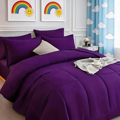 Seven-Piece Comforter Bed-in-a-Bag Set with Short-Plush Fabric, 12 Colors and Full, Queen or King Sizes