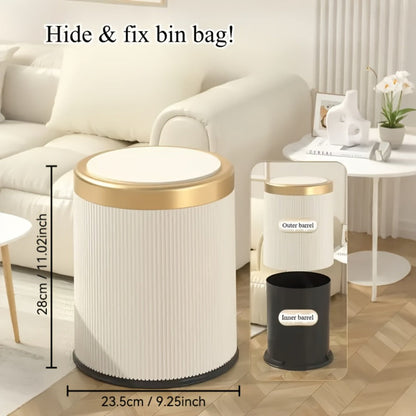 Dual Compartment Trash Can with Push-Top Lid, 3.17 Gal Odor-Resistant Oval Waste Bin for Kitchen Bathroom Bedroom Office