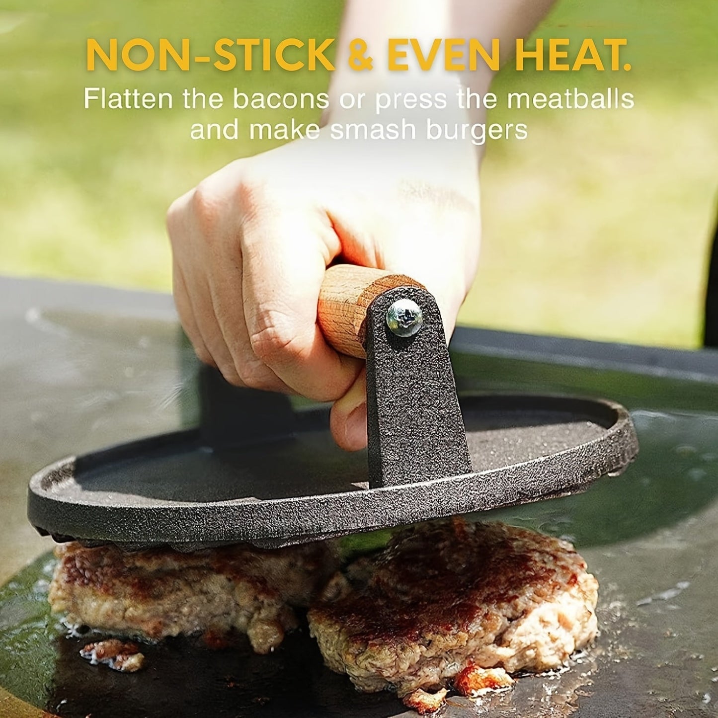 Smash Burger Press Cast Iron Heavy Duty Dual-Size Burger Smasher with Ergonomic Wood Handle – BBQ Grill Press for Smash Burgers, Steaks & Griddle Cooking (2pc Set)
