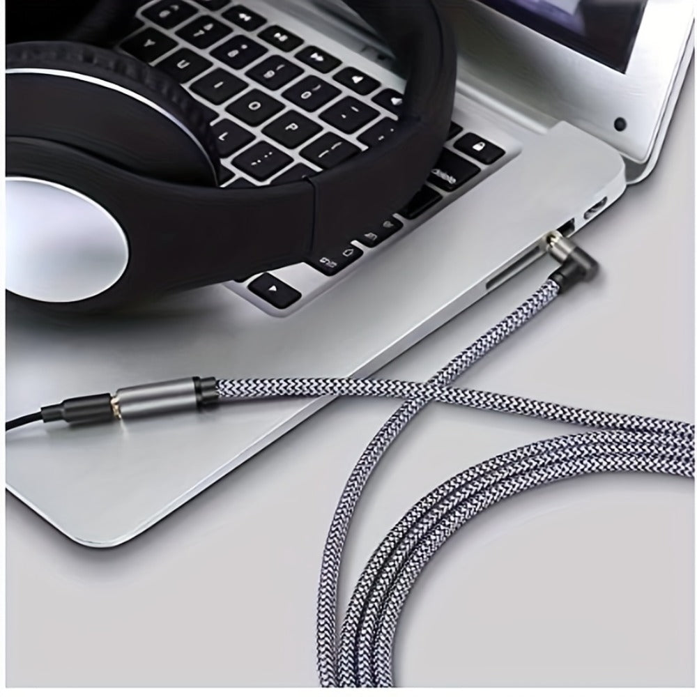 Right-Angle Elbow 3.5mm Female to Male AUX Extension Cable, Tinned Copper Core, Round Tangle-Free Design