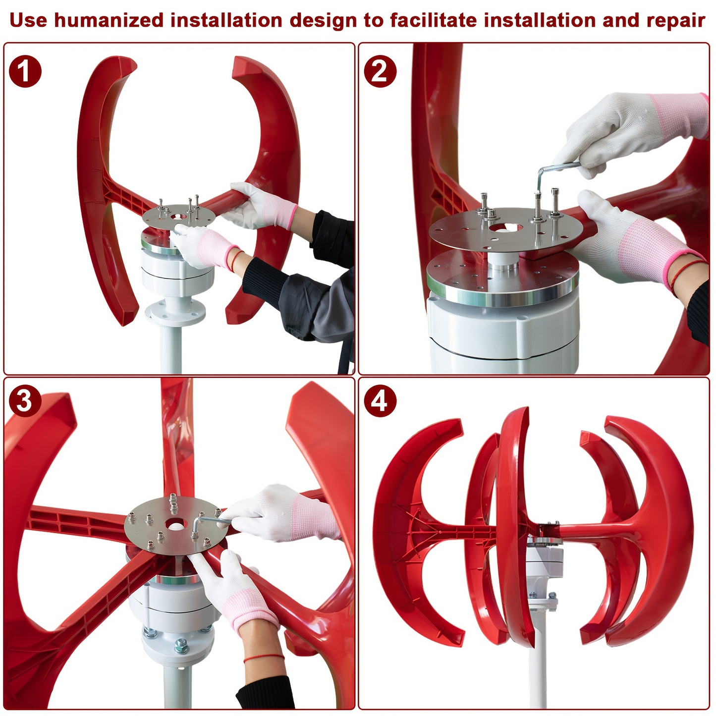 Red Vertical-Axis Wind Turbine Generator Kit with Curved Rotor Blades and Pictured Mounting Hardware