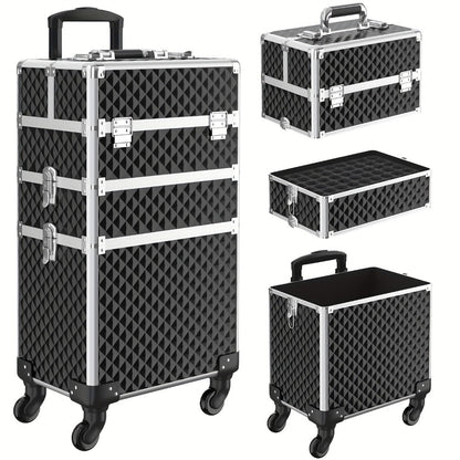 Rolling Makeup Train Case 3-in-1 Large Capacity Professional Cosmetic Trolley Swivel Wheels Lock Key Sponge Set Included Salon Barber Artist Travel Cart Trunk Black Pink