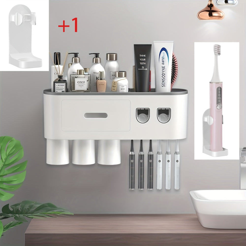 Wall-Mounted Toothbrush Organizer with Dispenser, Side Brush Stand and Two- or Three-Cup Options