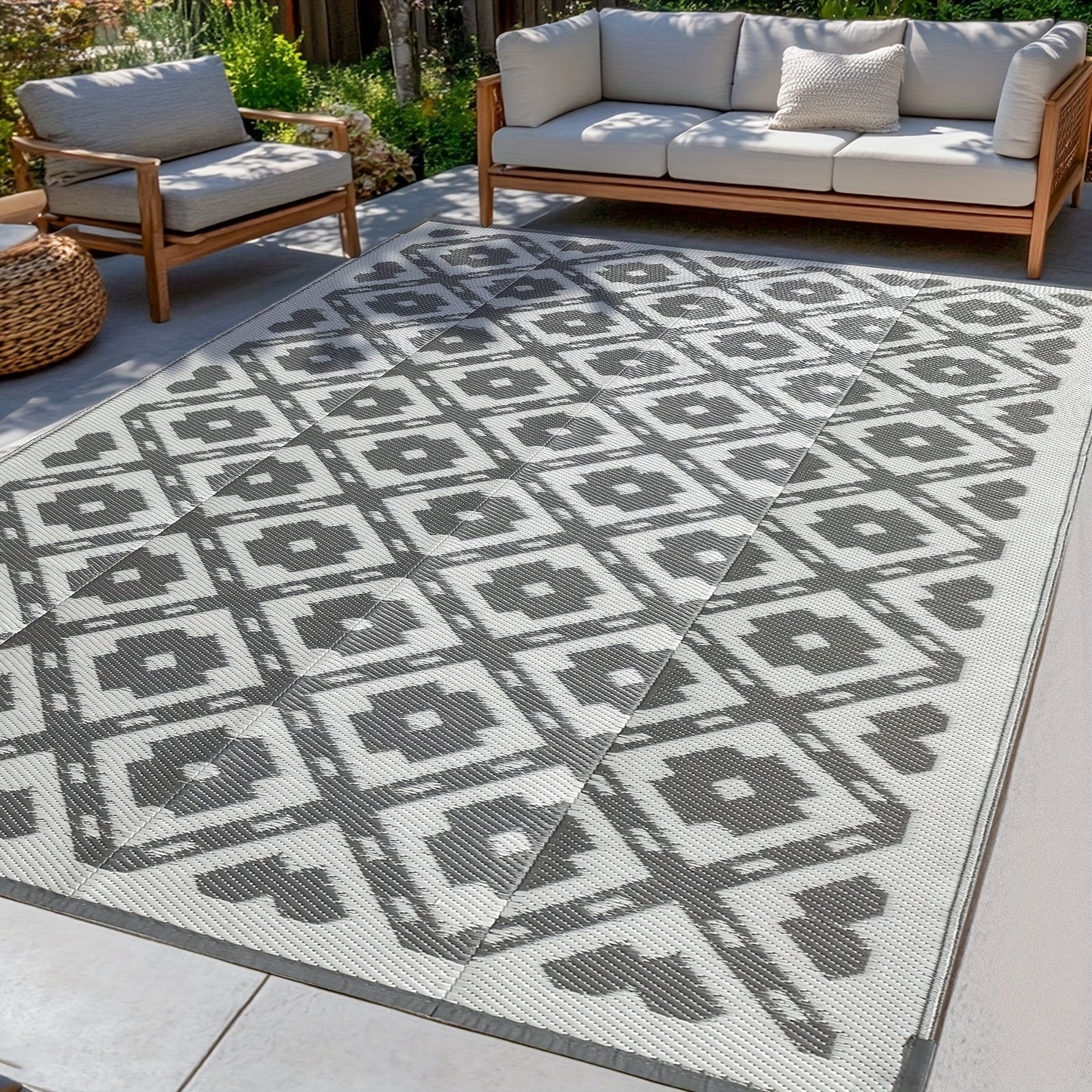 Outdoor Area Rug Waterproof Foldable Picnic Mat for Patio Balcony RV Camping Beach Garden – Blue Clover & Gray, Multiple Sizes