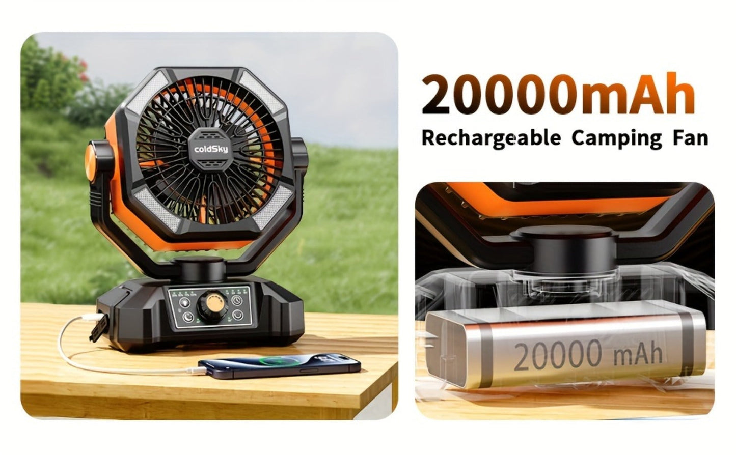 Camping Fan Battery Powered 20000mAh, Dual Motor 8-Speed Portable Tent Fan with Remote Control, 4 LED Lanterns and Hanging Hook, Rechargeable Outdoor Fan for Camping, Power Outage, Construction Site