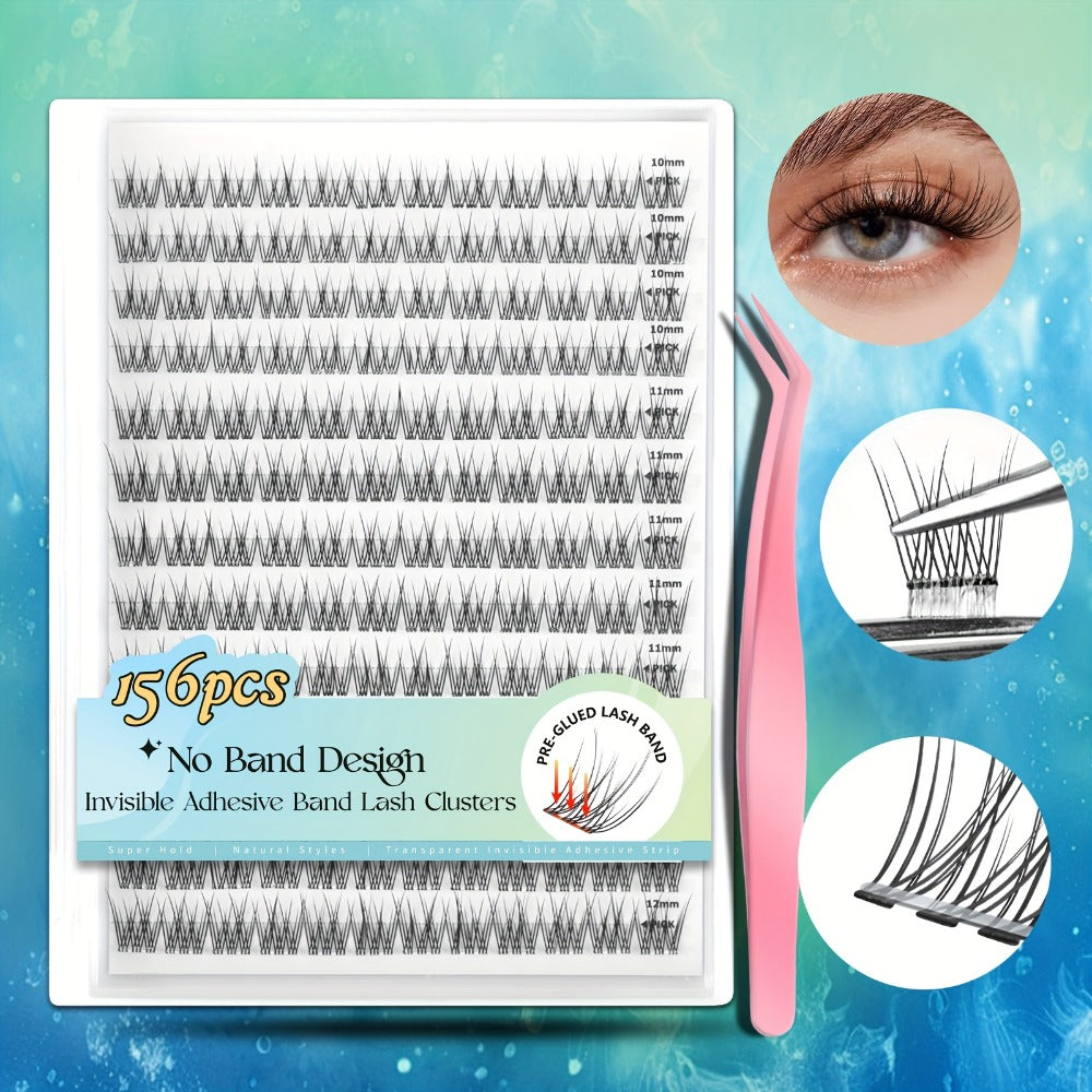 Pre-Glued Wispy False Eyelash Cluster Tray with 156 Clusters and Two Pink Applicator Tweezers