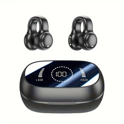 Open Ear Clip Earbuds TWS Wireless Bluetooth – LED Digital Display Charging Case, Intelligent Noise Cancelling, Hi-Fi Stereo, Long Range, Sports Gaming Daily Use, Black Beige