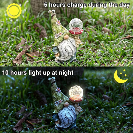 Solar Garden Gnome Statue with LED Magical Ball Light Outdoor Resin Dwarf Sculpture IP44 Waterproof Spring Yard Patio Decor Housewarming Gift