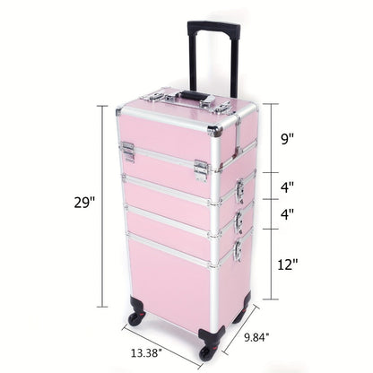 Four-in-One Rolling Makeup Case with Aluminum Frame, Swivel Wheels and Black, Pink or Silver Options