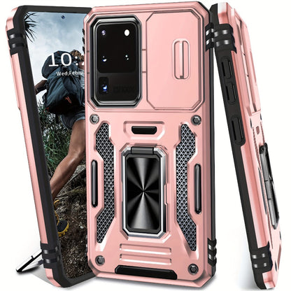 Samsung Galaxy Shockproof Magnetic Phone Case with 360° Rotating Ring Bracket & Sliding Lens Protector – Heavy Duty Cover for S24FE S23FE S22 S21FE Ultra A55 A54 A35 A34 A25 A24 A16 A15 A14 A06 A05 A05S 5G