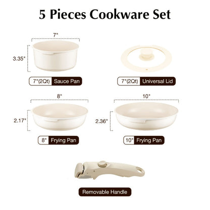 Nonstick Cookware Set 5-Piece Detachable Handle Aluminum Pots and Pans – Space-Saving Stackable Induction Compatible | 8 & 10 Inch Frying Pan Soup Pot Universal Lid | White Pink Beige Coral Pink