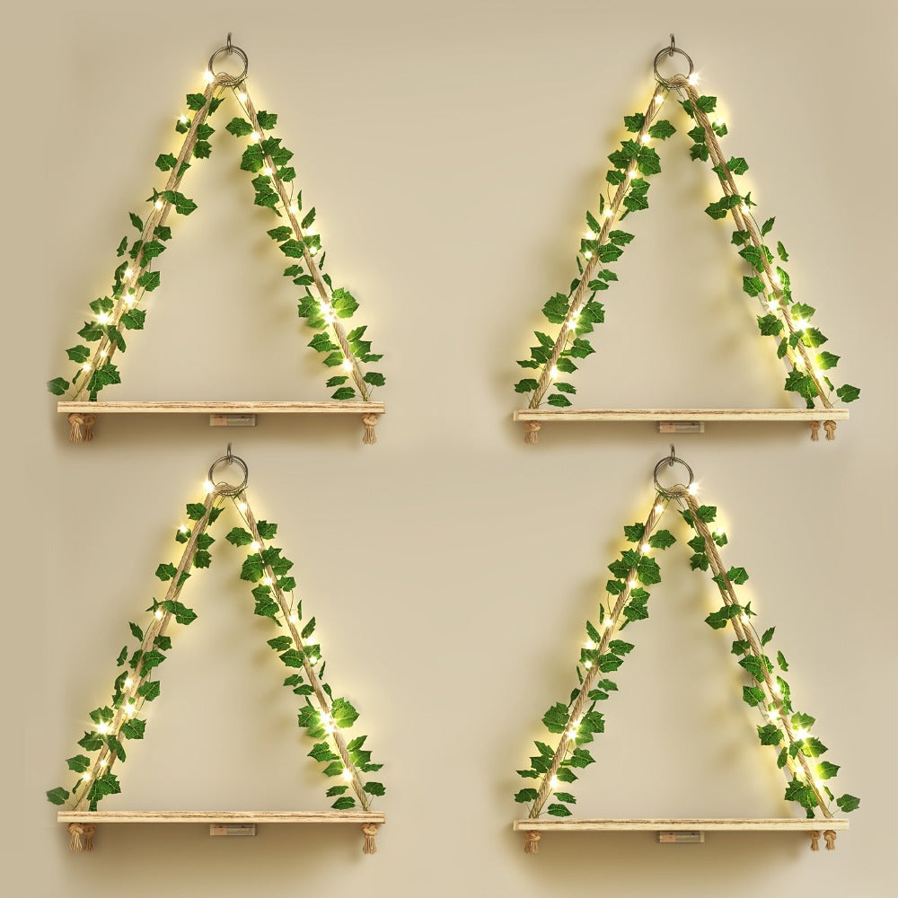 Hanging Wall Shelf Set with Macrame-Style Ropes, Artificial Ivy, LED Light Strands and 2- to 4-Piece Options