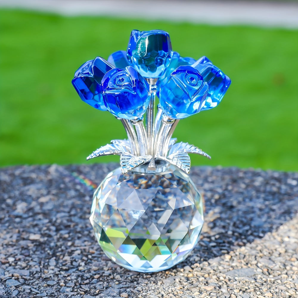 Artificial Flowers Crystal-Look Mini Rose Arrangement with Faceted Display Base in Four Color Options
