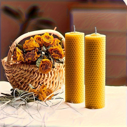 Beeswax Pillar Candles Hand Rolled with Honeycomb Texture – 100% Pure Beeswax, 12+ Hour Burn, Gift Box Set for Home Decor, Christmas, Dinner & Holiday Decorations
