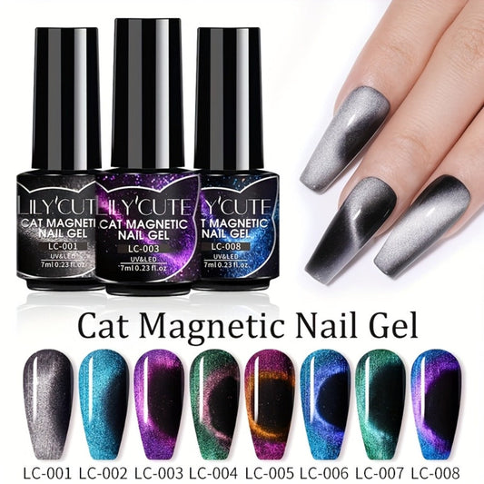 Gel Nail Polish – Cat Eye Magnetic 8pcs Aurora Glitter Black Crystal Semi-Permanent — 3D Light-Shifting Nail Art Gel No Base Color…