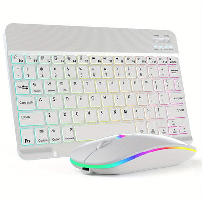 Wireless RGB Backlit Gaming Keyboard and Mouse Combo with Mouse Pad – 10-Inch Portable Keyboard Mouse Set for PC iOS Android Tablets | Rechargeable RGB Desk Setup Keyboard