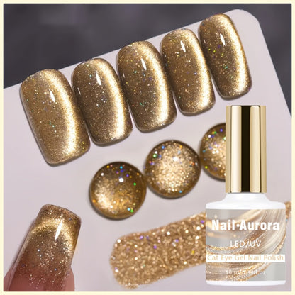 10ml Golden Glitter Cat Eye Gel Polish with Magnetic Color Effect and UV/LED Lamp Curing Label