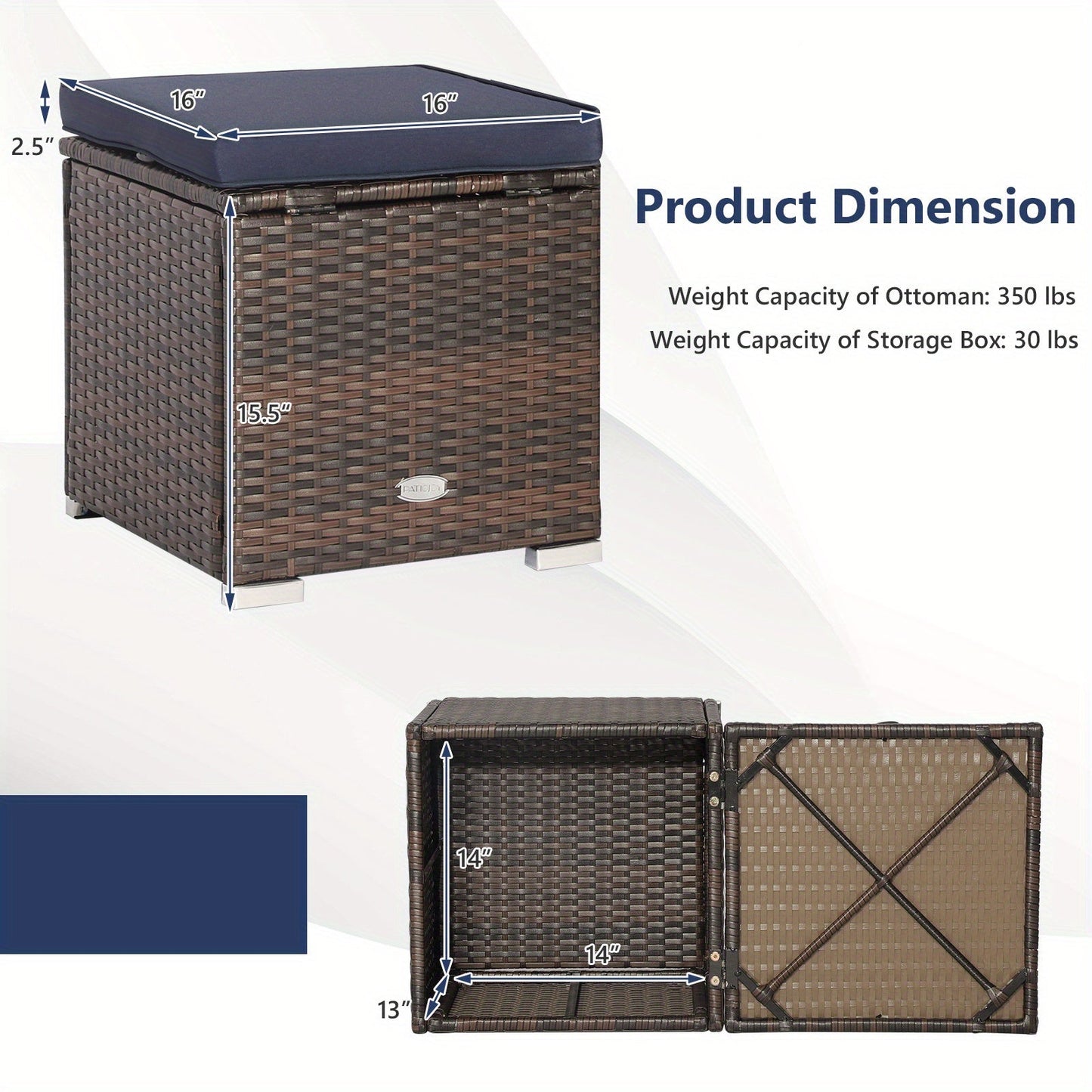 Two-Piece Outdoor Wicker Ottoman Set with Hidden Storage, Detachable Cushions and Six Color Options