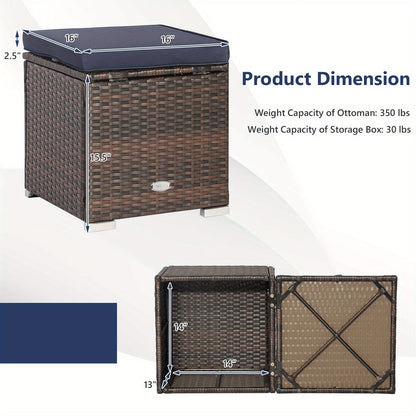 Two-Piece Outdoor Wicker Ottoman Set with Hidden Storage, Detachable Cushions and Six Color Options