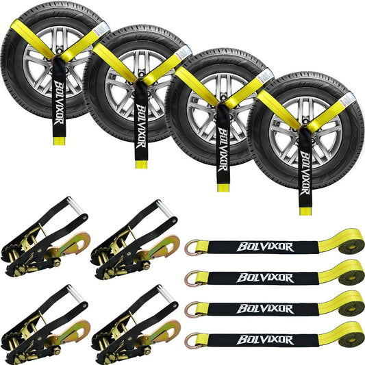 Wheel Straps Ratchet Tie Down 4-Pack 9,900 lb Break Strength 2"x96" with Snap Hooks Anti-Slip Design – Heavy Duty UTV ATV SUV Truck Car Trailer Transport Straps
