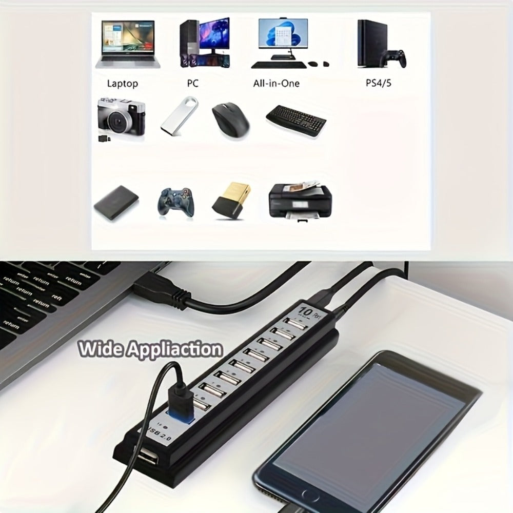Black 10-Port USB 2.0 Hub with USB-A Host Cable, Numbered Ports and DC Power Input for Desktop Expansion