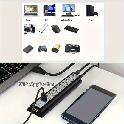 Black 10-Port USB 2.0 Hub with USB-A Host Cable, Numbered Ports and DC Power Input for Desktop Expansion