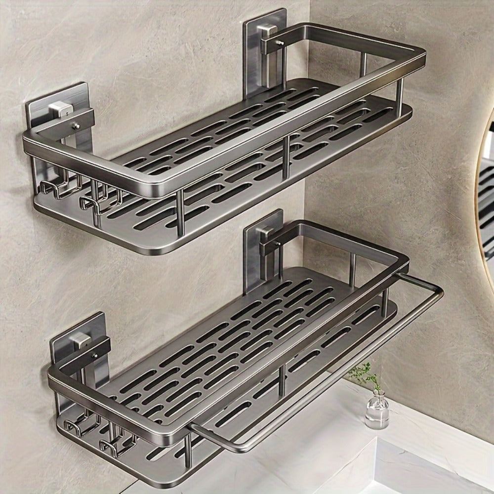 Two-Piece Metal Shower Caddy Shelf Set with Adhesive Wall Mounts in Dark Gray or Bright Black