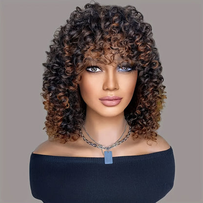 Synthetic Wig 14-Inch Kinky Curly Afro with Bangs in Black, Granny Gray or Dark Brown for Daily Styling
