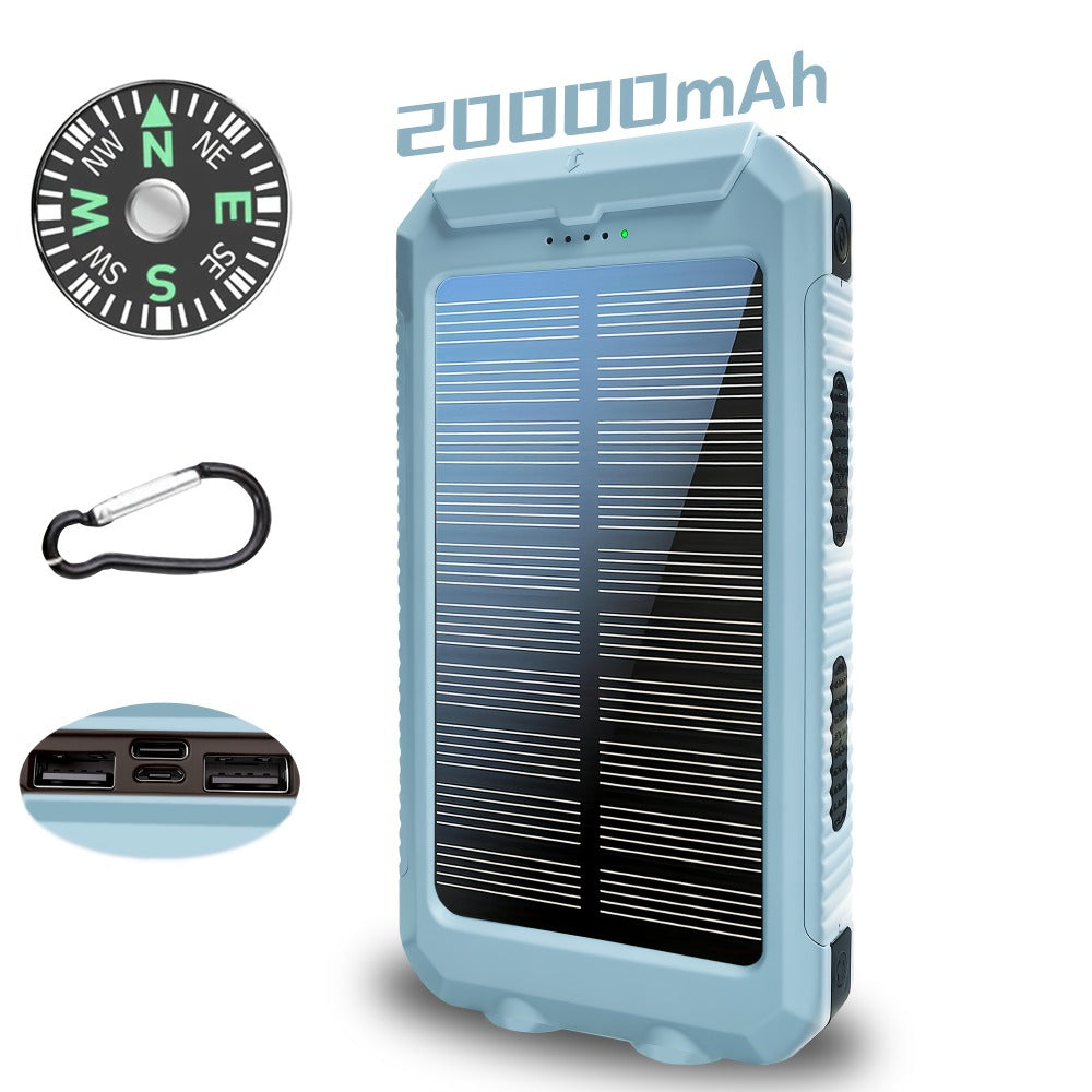 Solar Power Bank, 20000mAh Dual-USB Charger with Solar Panel, LED Flashlight, Compass and Five Color Options