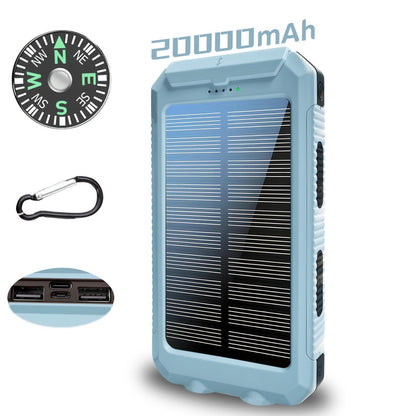 Solar Power Bank, 20000mAh Dual-USB Charger with Solar Panel, LED Flashlight, Compass and Five Color Options