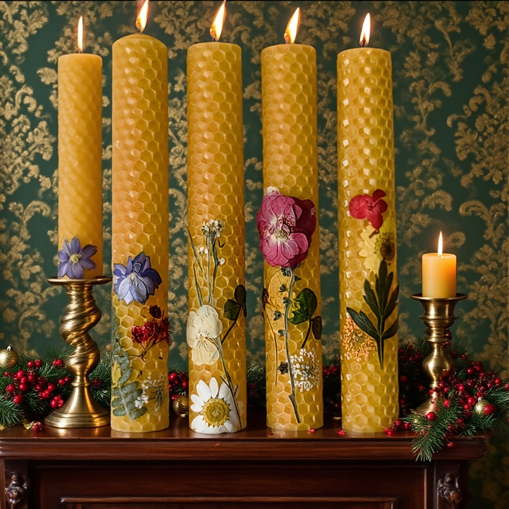 Floral Cone Candle Holders Set of 4 – 10-Inch Decorative Beeswax Taper Candles for Holiday Parties, Valentine's Day & Mother's Day Gifting