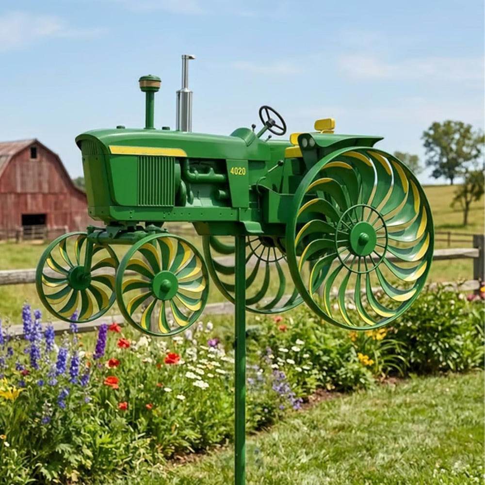 Tractor-Shaped Garden Windmill Stake with Six Rotating Pinwheel Wheels and 28 x 14 cm Topper