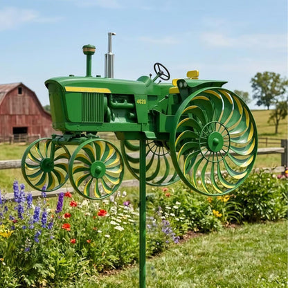 Tractor-Shaped Garden Windmill Stake with Six Rotating Pinwheel Wheels and 28 x 14 cm Topper