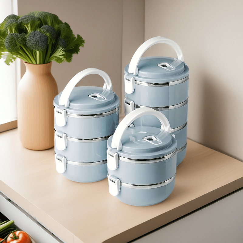 Stackable Bento Lunch Box, Stainless Steel Cylindrical Meal Container in 2-Layer, 3-Layer or 4-Layer Options
