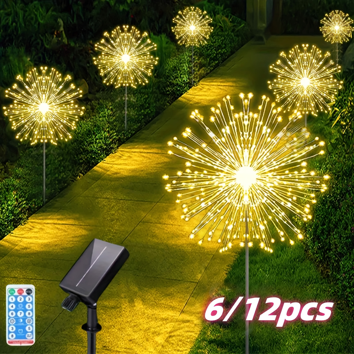 Solar Garden Lights Dandelion Firework Stakes with Remote, 540/1080 LEDs, 8 Modes and 6/12 Packs