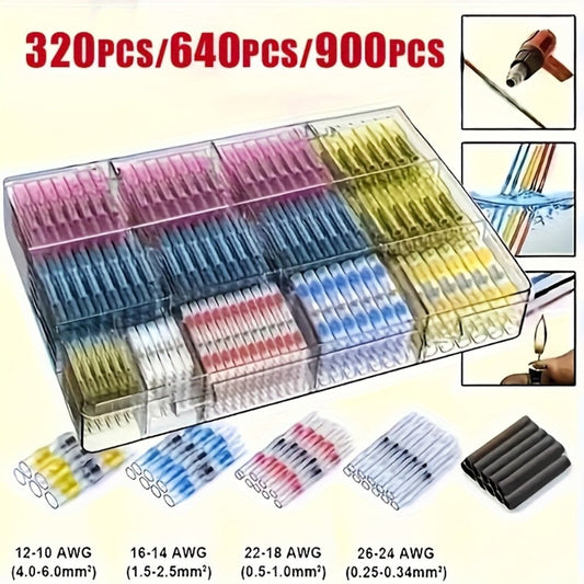 Solder Seal Wire Connectors Butt Splice Terminals 320/640/900pcs – Heat Shrink Insulated Waterproof Electrical Connectors for Automotive Marine Boat Truck & DIY Wire Splicing