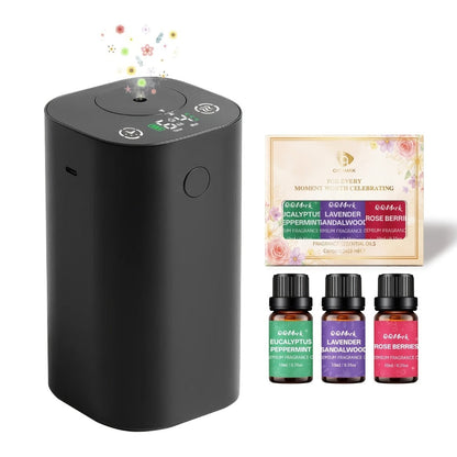 Waterless Essential Oil Diffuser Nebulizer – 4 Mist Levels, 1/2/3/4/6H Timer, Auto-Off, Battery Operated Mini Scent Machine for Home Car Bedroom Hotel, Essential Oil Bundles (Silver & Black)