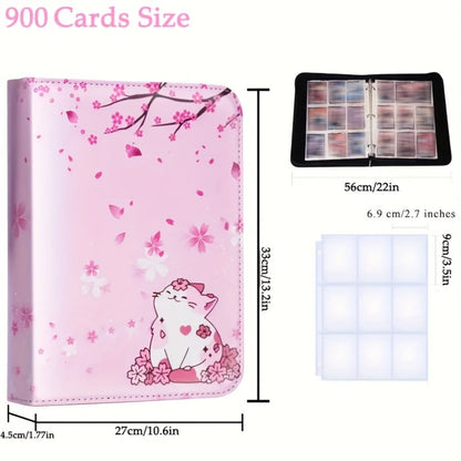 Pink Cat and Cherry Blossom Trading Card Binder with Zipper Closure, 900 Pockets and 13.2-Inch Height