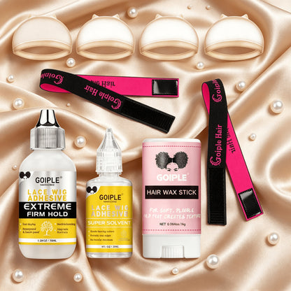 Wig Installation Kit in 9-Piece Glue or 14-Piece Styling Sets with Bands, Caps, Combs and Liquid Bottles