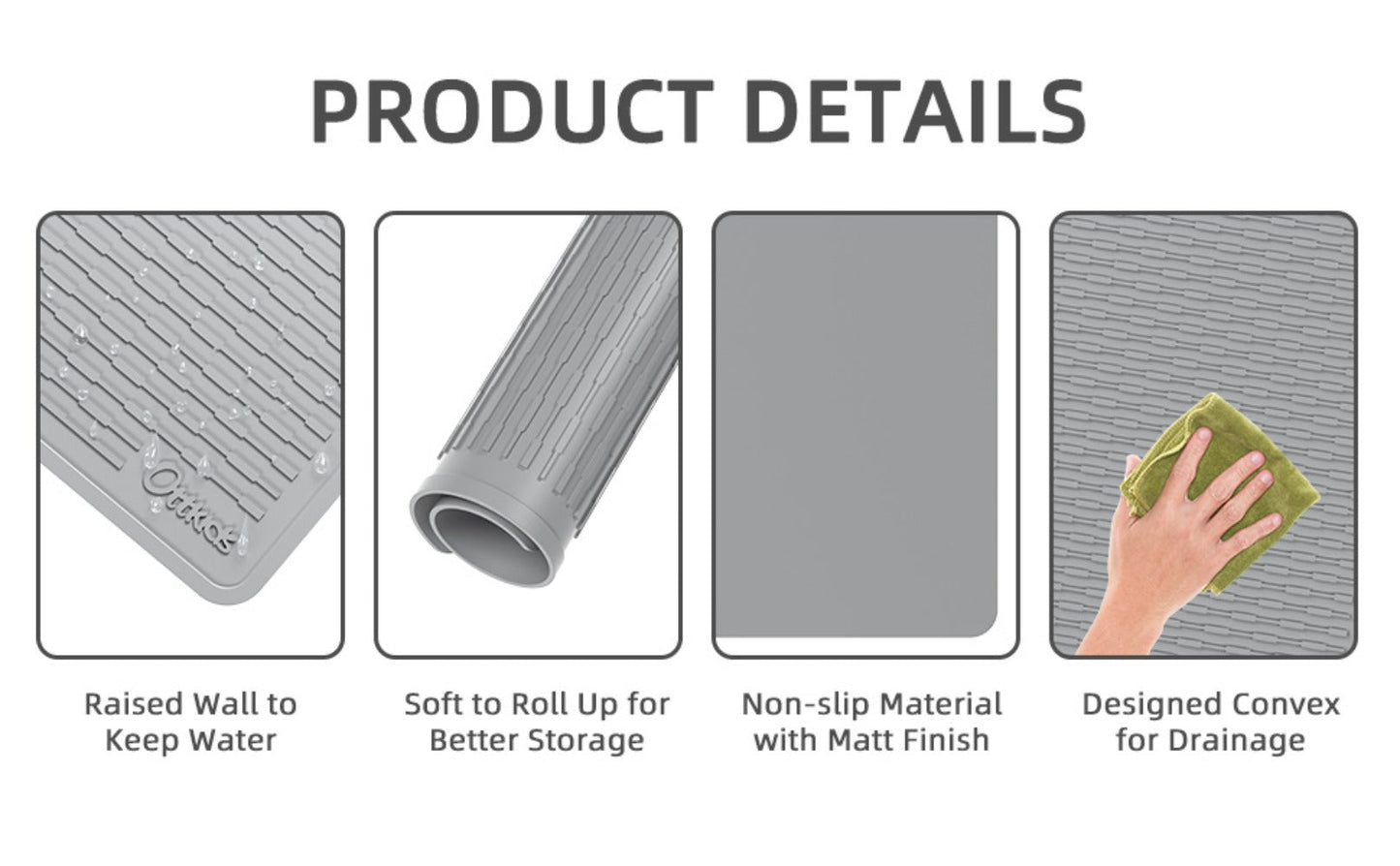 Kitchen Mat, 30x21-Inch Silicone Stove Cover and Counter Drying Pad in Gray or Black with Striped Surface