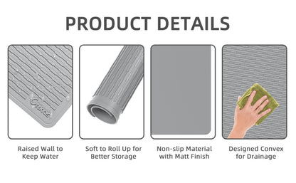 Kitchen Mat, 30x21-Inch Silicone Stove Cover and Counter Drying Pad in Gray or Black with Striped Surface
