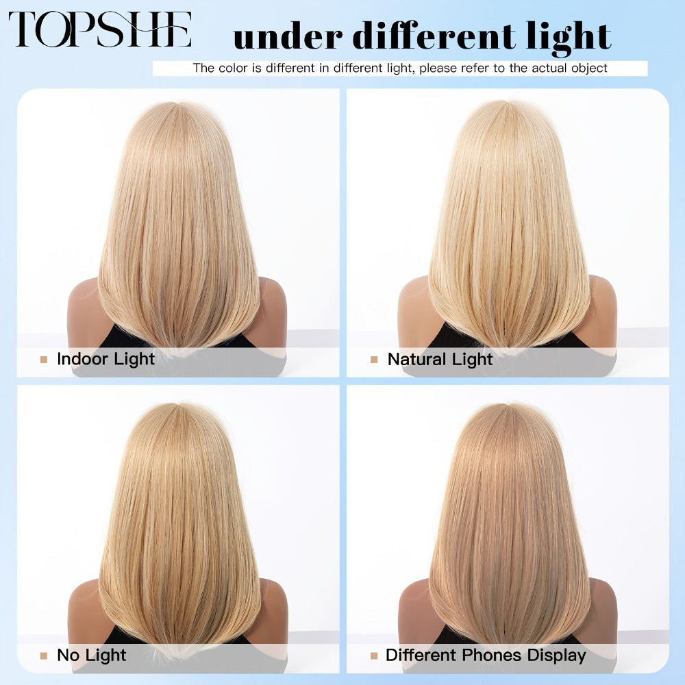 Synthetic Wig 14-Inch Golden Layered Straight Style with Full Bangs and Glueless Rose Net Cap